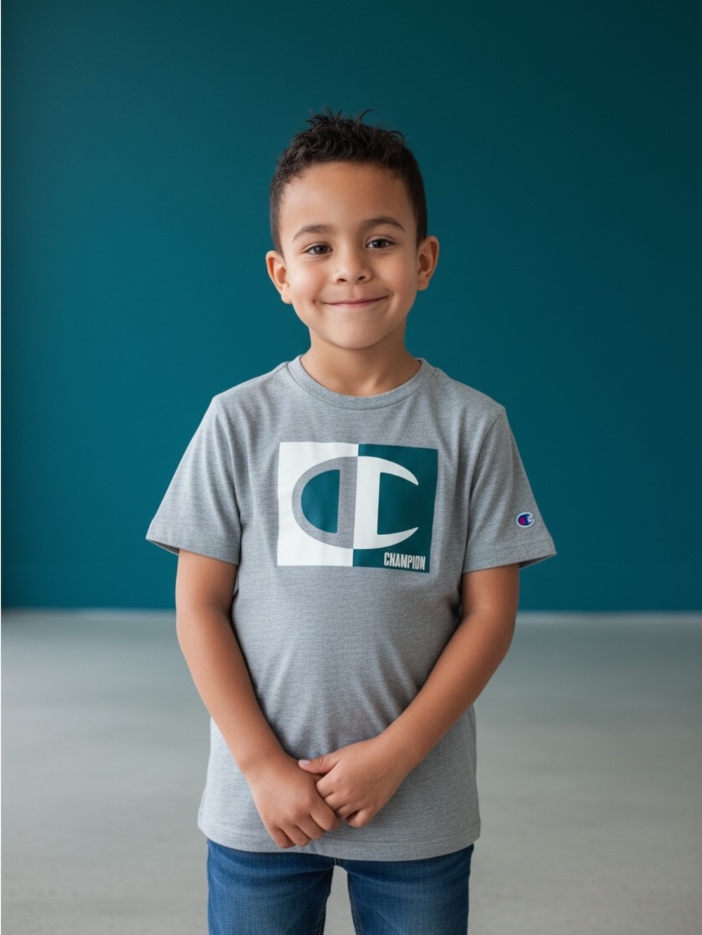Champion Kids Boys Size 6 Gray Graphic Short Sleeve T-Shirt Crew Neck Heathered